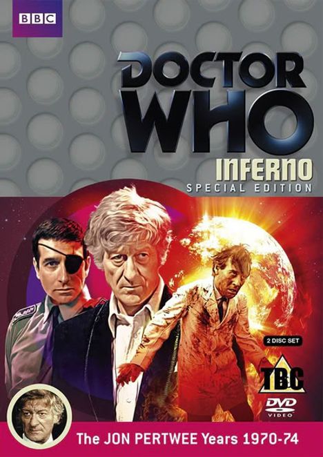 "DOCTOR WHO INFERNO SPECIAL EDITION" in großen Buchstaben, mit drei Männerporträts, darunter ein Mann mit Augenklappe.