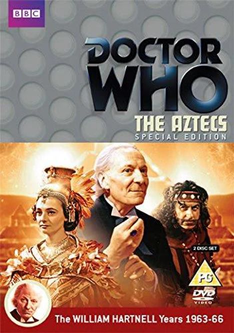Texte: "DOCTOR WHO", "THE AZTECS", "SPECIAL EDITION", "The WILLIAM HARTNELL Years 1963-66". Drei Personen in Aztekenkleidung.