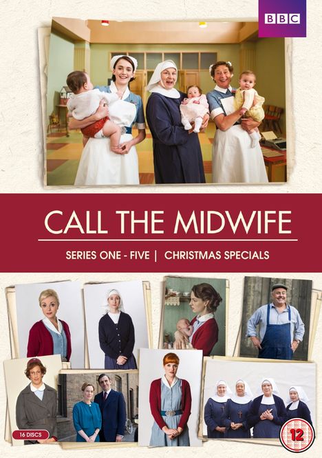 "Call the Midwife", Serie 1-5, Weihnachtsspecials. BBC-Logo oben rechts. Gruppenfoto von Pflegekräften mit Babys.