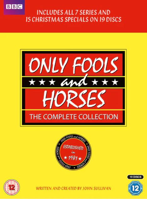"INCLUDES ALL 7 SERIES AND 15 CHRISTMAS SPECIALS ON 19 DISCS", "ONLY FOOLS AND HORSES", gelber Hintergrund, rote Details.