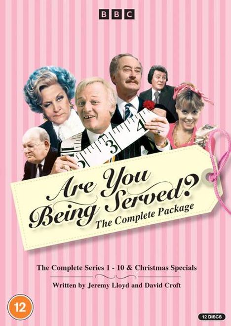 "Are You Being Served? The Complete Package. The Complete Series 1-10 & Christmas Specials. BBC-Logo, lächelnde Menschen."
