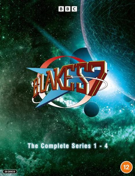 Text: "BLAKE'S 7", "The Complete Series 1 - 4", "20 DISCS". SF-Illustration mit Planeten und Sternen. BBC-Logo. Freigabe "12".