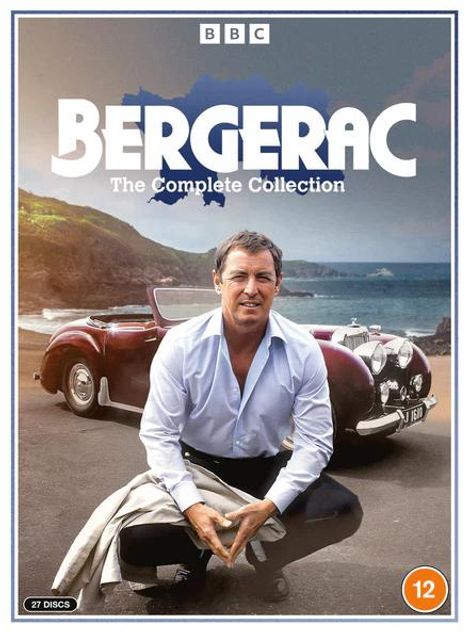 "BERGERAC: The Complete Collection", BBC, Mann in weißem Hemd mit rotem Auto und Küste im Hintergrund. Altersfreigabe 12.