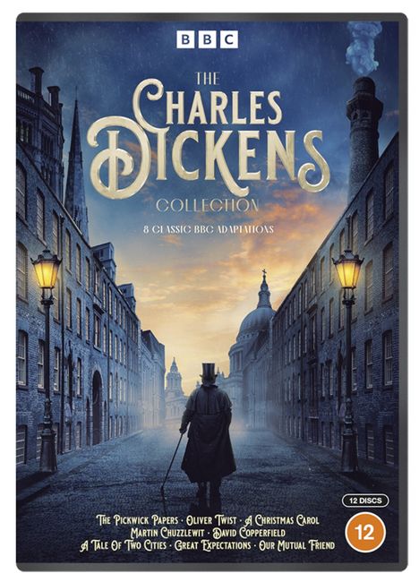 "The Charles Dickens Collection, 8 Classic BBC Adaptations." Ein Mann mit Zylinder und Gehstock in einer altmodischen Straße.