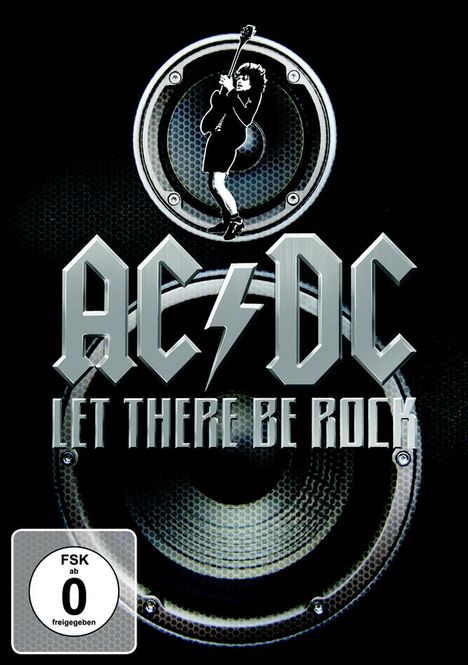 "AC/DC Let There Be Rock". Über einem Lautsprecher springt eine Figur mit Gitarre. Links unten "FSK ab 0 freigegeben".