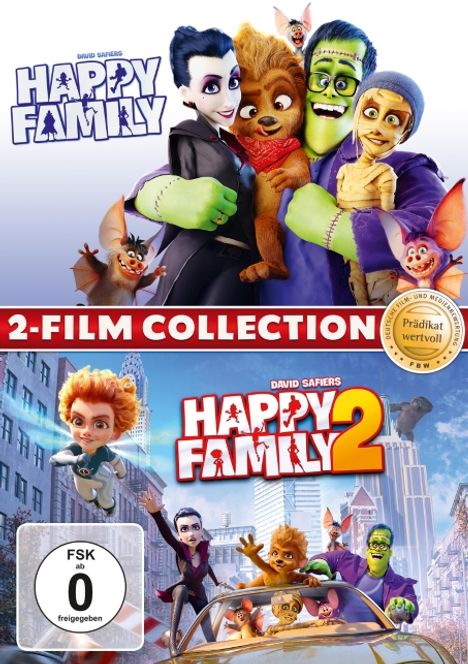 Text: "Happy Family", "2-Film Collection", "Prädikat wertvoll", "FSK ab 0 freigegeben", "Happy Family 2". Zwei Illustrationen der Monsterfamilie.