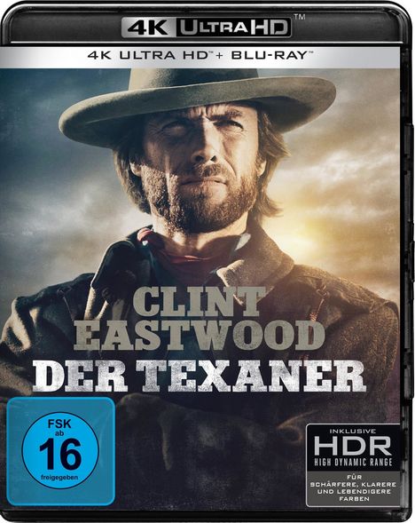 "Clint Eastwood Der Texaner" und "FSK ab 16". Ein Mann mit Hut und Bart schaut ernst in die Ferne.