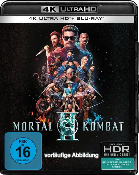 4K ULTRA HD Blu-ray, Mortal Kombat. FSK ab 16 freigegeben. Verschiedene charaktere in kämpferischen Posen.