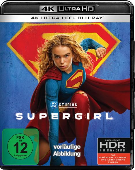 "4K ULTRA HD + BLU-RAY", "SUPERGIRL", FSK 12. Eine Frau im Superheldenkostüm mit Superman-Emblem fliegt.