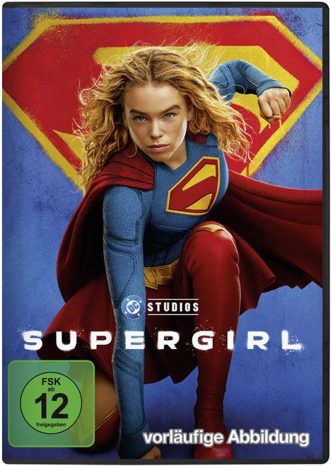 Text: "SUPERGIRL", "FSK ab 12 freigegeben", "vorläufige Abbildung". Illustration: Frau in Superheldenkostüm.