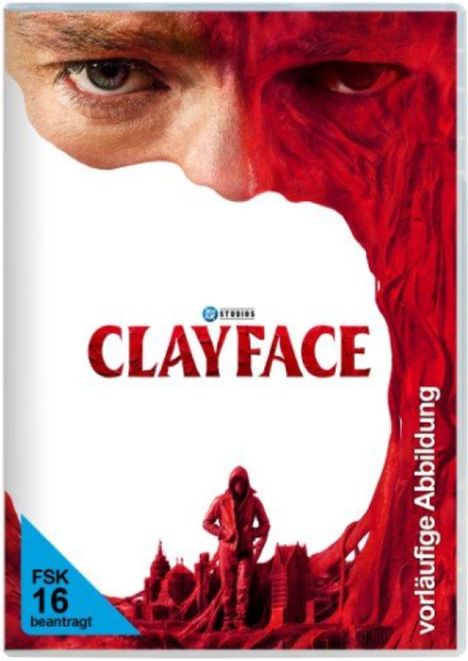 "CLAYFACE", blasser Hintergrund mit einem halb roten Gesicht, darunter eine rote Stadtlandschaft und eine Figur im Hoodie.
