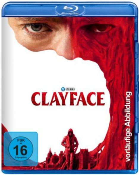 "CLAYFACE", FSK 16, hochsichtbares Gesicht, halb roter Ton, Stadtlandschaft, Blu-ray Logo oben.