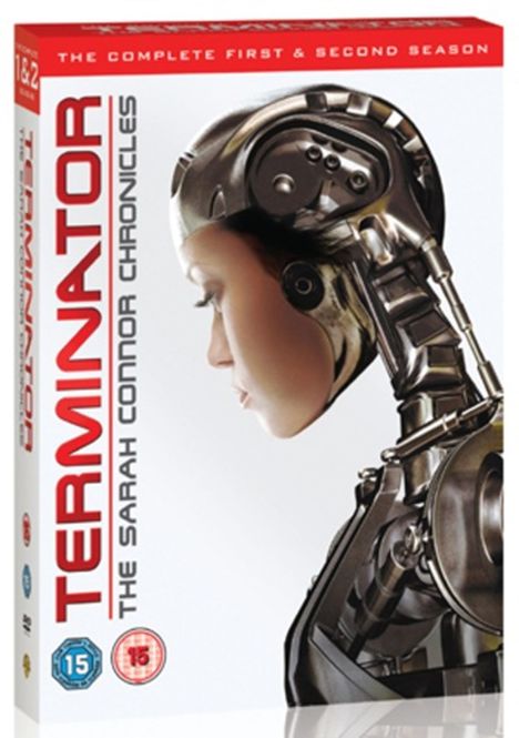 "THE COMPLETE FIRST & SECOND SEASON. TERMINATOR THE SARAH CONNOR CHRONICLES" zeigt eine Frau mit einem Teil Cyborg-Kopf.