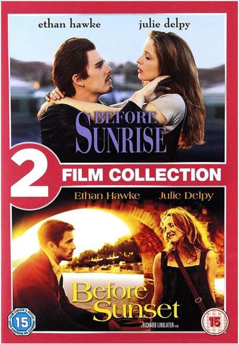 "2 Film Collection: Before Sunrise" oben, "Before Sunset" unten. Bilder: Ein Paar in Nahaufnahme und unter Brücke.