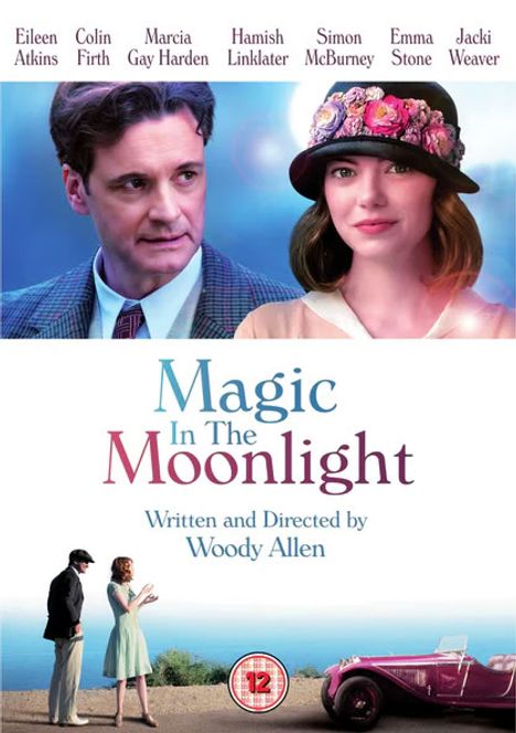 "Magic In The Moonlight, Written and Directed by Woody Allen." Zwei Personen, stilvolle Kleidung, Oldtimer, 1920er Jahre Atmosphäre.