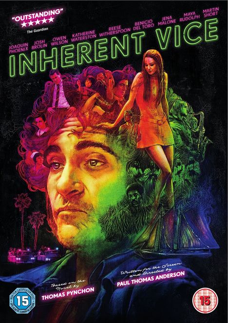 "OUTSTANDING" The Guardian. Titel: INHERENT VICE. Bunte Illustration: Männergesicht, Frau in Minikleid, und Palmen.
