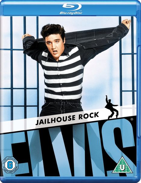 "Jailhouse Rock", "ELVIS". Ein Mann in gestreiftem Hemd hält eine Jacke. Hintergrund: Gitterstäbe. Blu-ray-Logo oben.