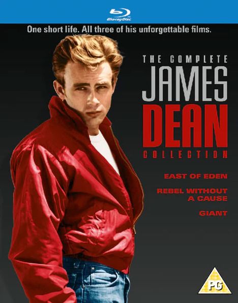 "The Complete James Dean Collection" mit den Filmen "East of Eden", "Rebel Without a Cause", "Giant". Ein Mann in roter Jacke.