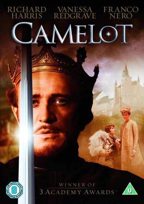 „Richard Harris, Vanessa Redgrave, Franco Nero, CAMELOT, Winner of 3 Academy Awards.“ Ein König mit Krone, Schloss im Hintergrund.