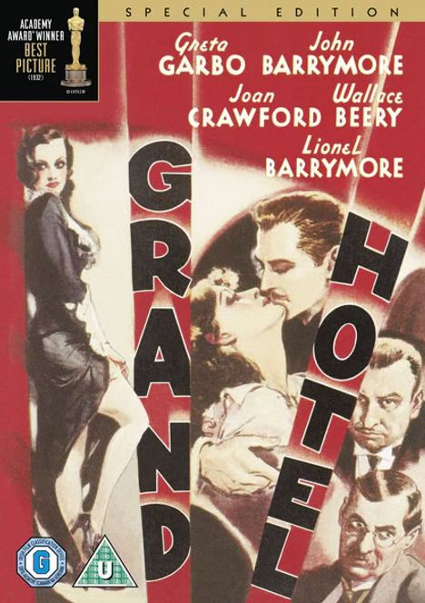 "Grand Hotel" in großen Buchstaben. Oben vier Schauspielernamen. Illustration mehrerer elegant gekleideter Menschen.