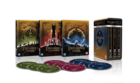 "Lord of the Rings" Boxset mit 4K UHD Discs und kunstvollen Abdeckungen: "The Fellowship", "The Two Towers", "The Return".