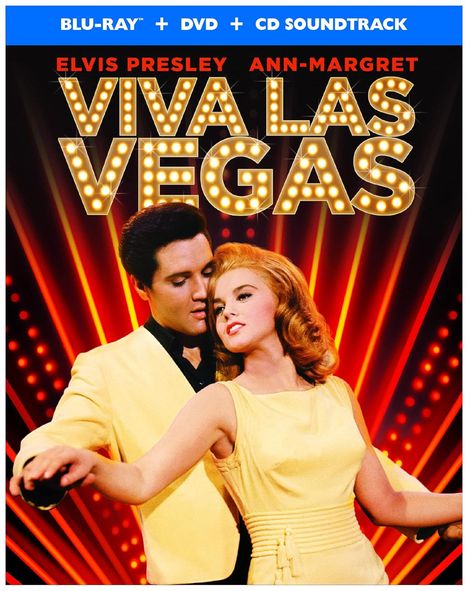 "VIVA LAS VEGAS" in Lichtern, Namen Elvis Presley und Ann-Margret darüber. Zwei Menschen tanzen in gelber Kleidung.