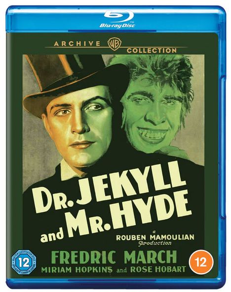 „Dr. Jekyll and Mr. Hyde“ mit Fredric March. Zwei kontrastierende Gesichter, eines im Zylinder, das andere wild.