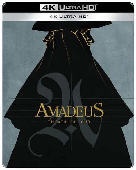 Text: "4K ULTRA HD", "AMADEUS THEATRICAL CUT". Illustration eines geheimnisvollen, vermummten Charakters in Schwarz.