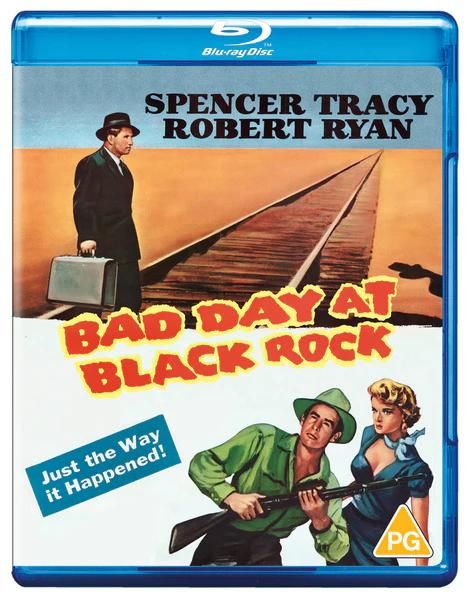 "Spencer Tracy, Robert Ryan. BAD DAY AT BLACK ROCK. Just the Way it Happened! Illustration mit Bahnstrecke und Figuren."