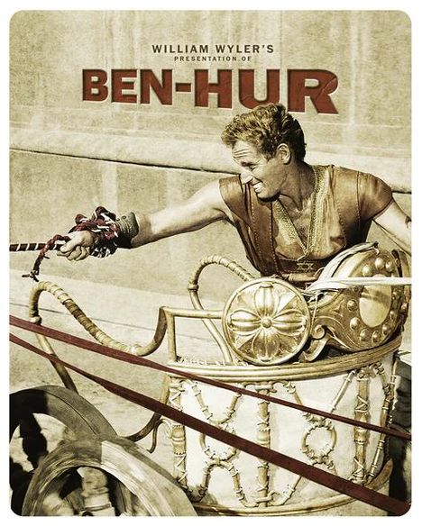 "William Wyler's Presentation of Ben-Hur“ zeigt einen Mann in antiker Rüstung, der ein Pferdegespann fährt.