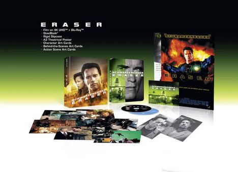 Text: "ERASER, Film on 4K UHD + Blu-Ray, SteelBook." Box mit Porträt, Poster, Disc und Karten. Actiondesign.