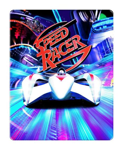 "Speed Racer" in stilisierter Schrift. Ein futuristisches Auto rast durch eine bunte, leuchtende Szenerie.