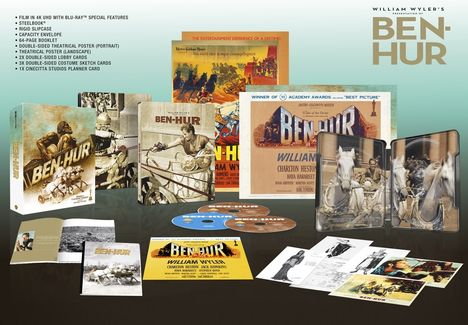 Verschiedene Ben-Hur Artworks und Mediendiscs in einer Sammleredition. Enthält Poster, Karten und ein Steelbook.
