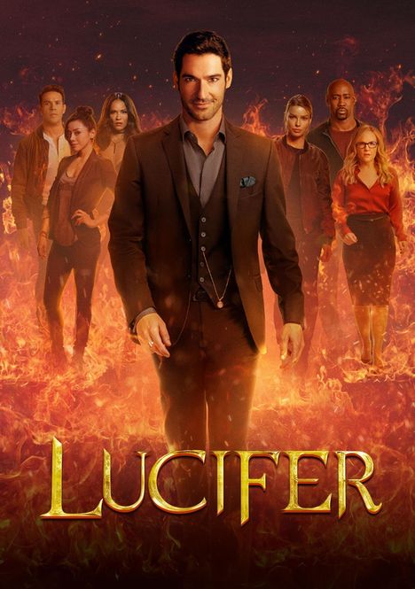 Text: "LUCIFER". Eine Gruppe von Menschen steht in Flammen, der Mann vorne trägt einen Anzug und geht selbstbewusst.