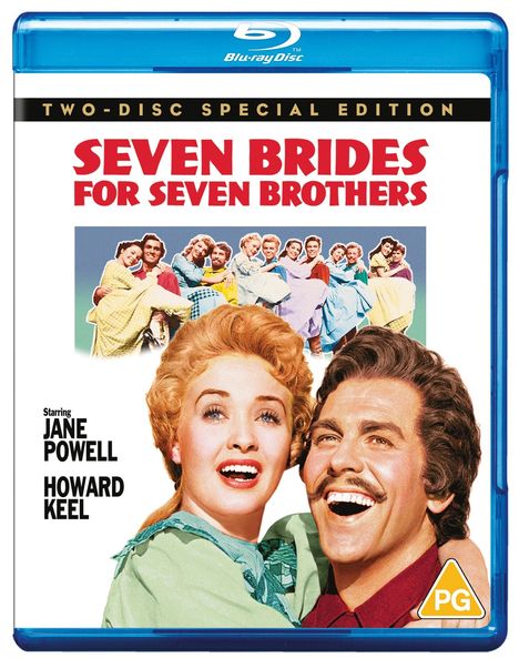 "SEVEN BRIDES FOR SEVEN BROTHERS" in roter Schrift. Darunter ein glückliches Paar und eine Gruppe von Menschen.