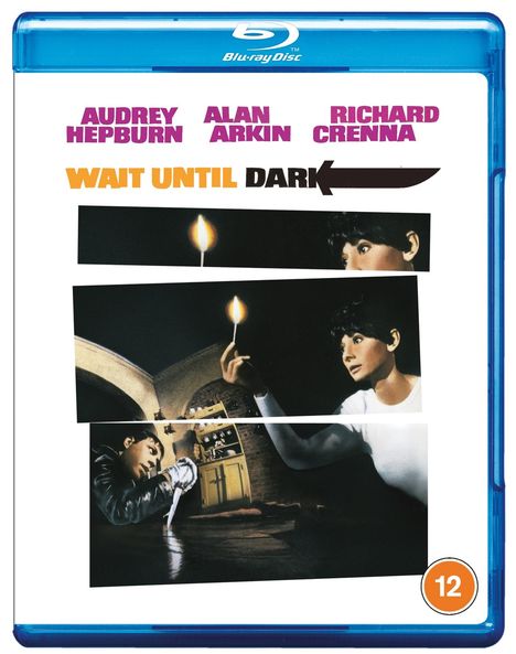 Text: "Audrey Hepburn", "Alan Arkin", "Richard Crenna", "Wait Until Dark". Bild einer Frau mit Kerze und Mann mit Messer. Altersfreigabe 12.