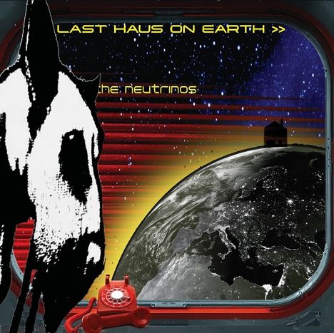 Text: "LAST HAUS ON EARTH >>", "the neutrinos". Eine Illustration mit Erde, Sternen und einem stilisierten Tier.