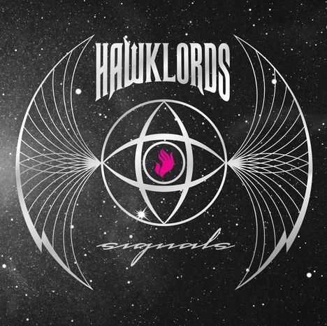 „HAWKLORDS“ und „signals“ vor einem kosmischen Hintergrund. Eine Illustration mit Linien und einem rosa Symbol in der Mitte.