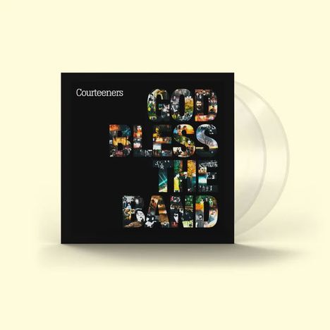 "Courteeners. GOD BLESS THE BAND" in bunten Buchstaben, Collage auf schwarzem Hintergrund. Translucente Schallplatte.