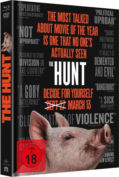 DVD-Hülle zu "The Hunt". Kritiken und Veröffentlichungsdatum "March 13". Schwein abgebildet, FSK 18.