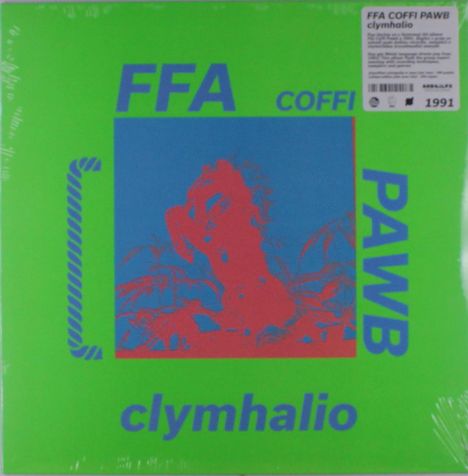 "FFA COFFI PAWB", "clymhalio", "1991". Grüne Fläche mit blauer und roter Illustration, stilisierte Figur in der Mitte.