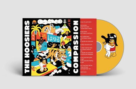 "The Hoosiers" und "Compassion" sind am Rand. Bunte Illustration mit Figuren, Tieren und japanischen Schriftzeichen.