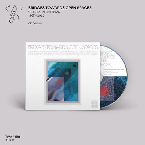 BRIDGES TOWARDS OPEN SPACES, CD Digipak, TWO PIERS, BN18CD. Geometrische, abstrakte Illustration mit Kreisen und Linien.