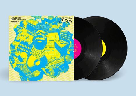 Text: "MELODIES INTERNATIONAL presents" und "ARIWA SOUNDS".
Illustration: Buntes Collage-Design von Musikequipment.