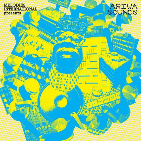 "MELODIES INTERNATIONAL presents ARIWA SOUNDS." Gelbe und blaue collageartige Illustration mit Audio-Equipment und einem lächelnden Gesicht.
