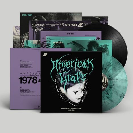 Verschiedene Schallplattenhüllen mit den Texten "American Nightmare", "Gothic Punk/Deathrock USA: 1978-1988", in düsterem Design.