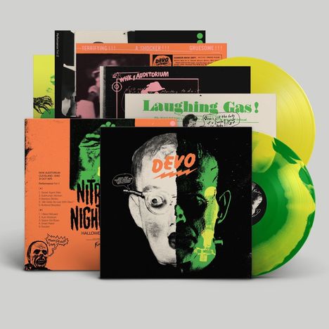 Stapel von Vinyl-Schallplatten und Hüllen mit Texten wie "DEVO", "NITE", "Laughing Gas!" in einem retro-futuristischen Stil.