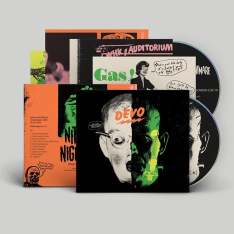 Texte: "WHK Auditorium", "Gas!", "DEVO", "Nite", "Nightmare". Illustration mit überlagerten, kontrastreichen Gesichtern.
