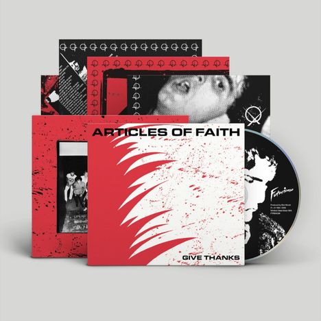 "ARTICLES OF FAITH - GIVE THANKS" steht auf einem roten und weißen CD-Cover mit abstraktem Design im Hintergrund.