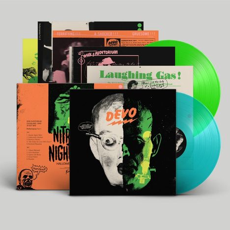 Texte: "Terrifying", "A Shocker", "Gruesome", "Laughing Gas!", "DEVO". Bunte Schallplatten und Vintage-Cover, retro Stil.